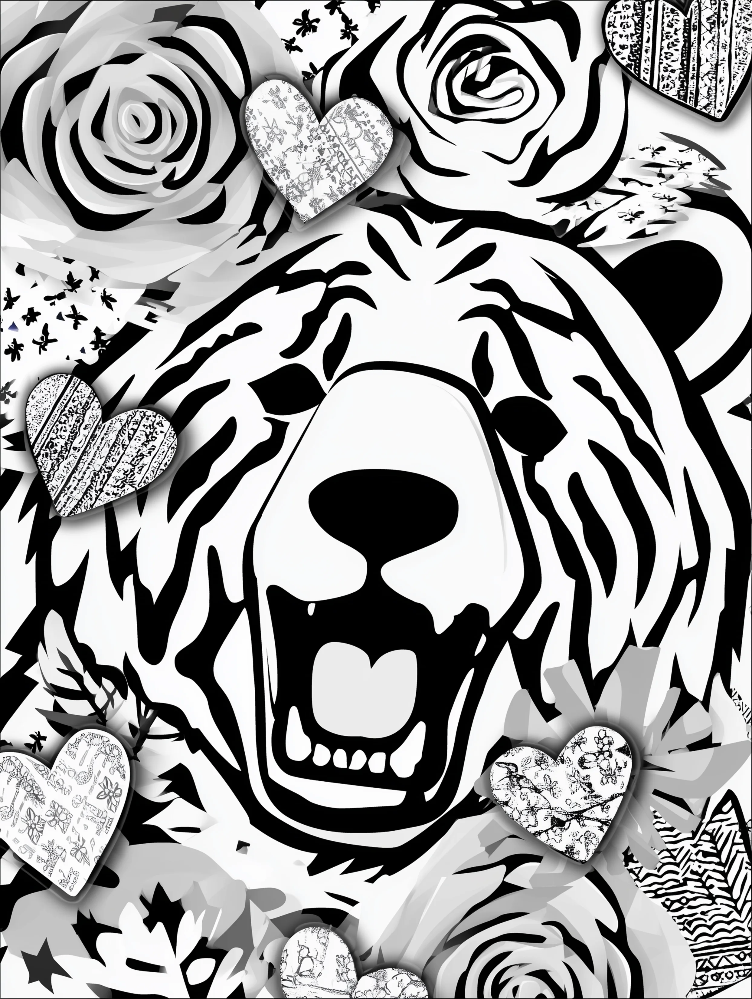 Free printable bear coloring book page featuring a bear face with hearts